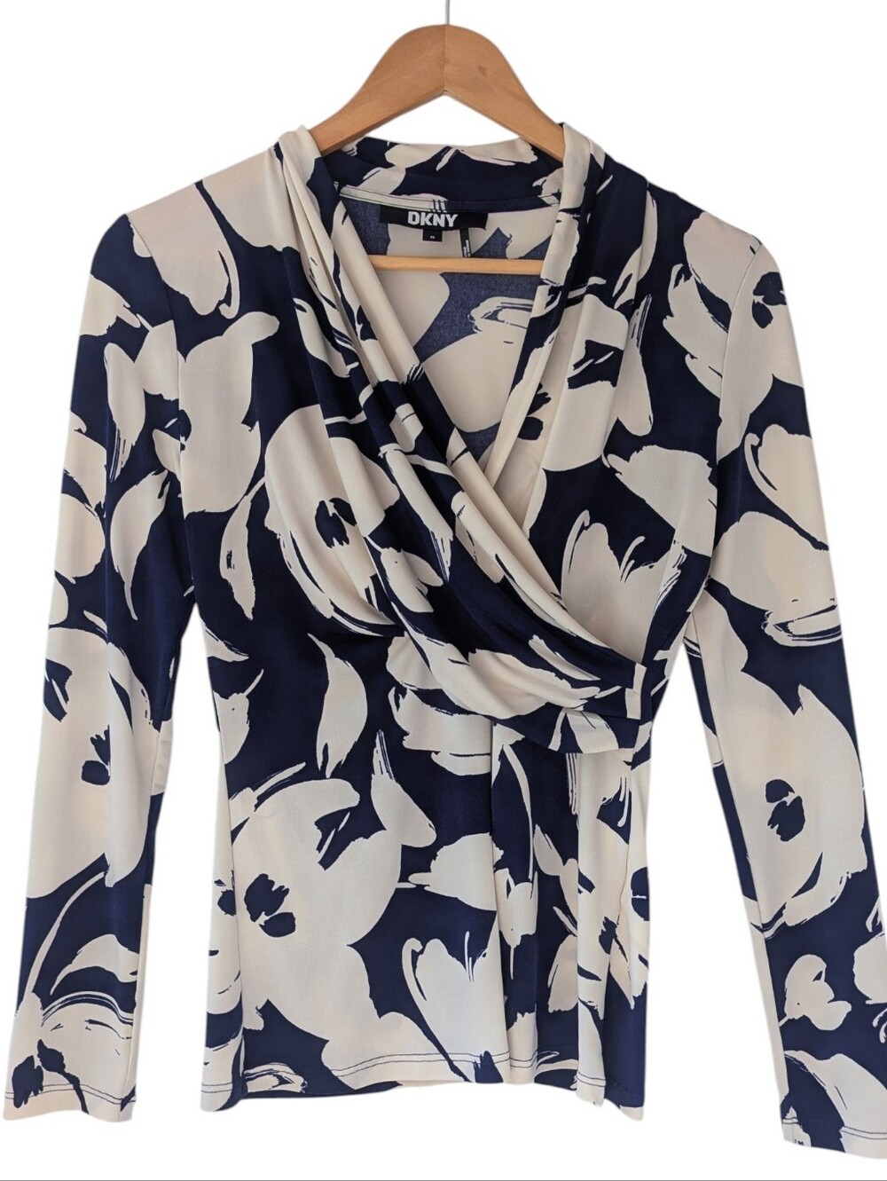 DKNY Floral Wrap Navy + Cream Long Sleeve Blouse